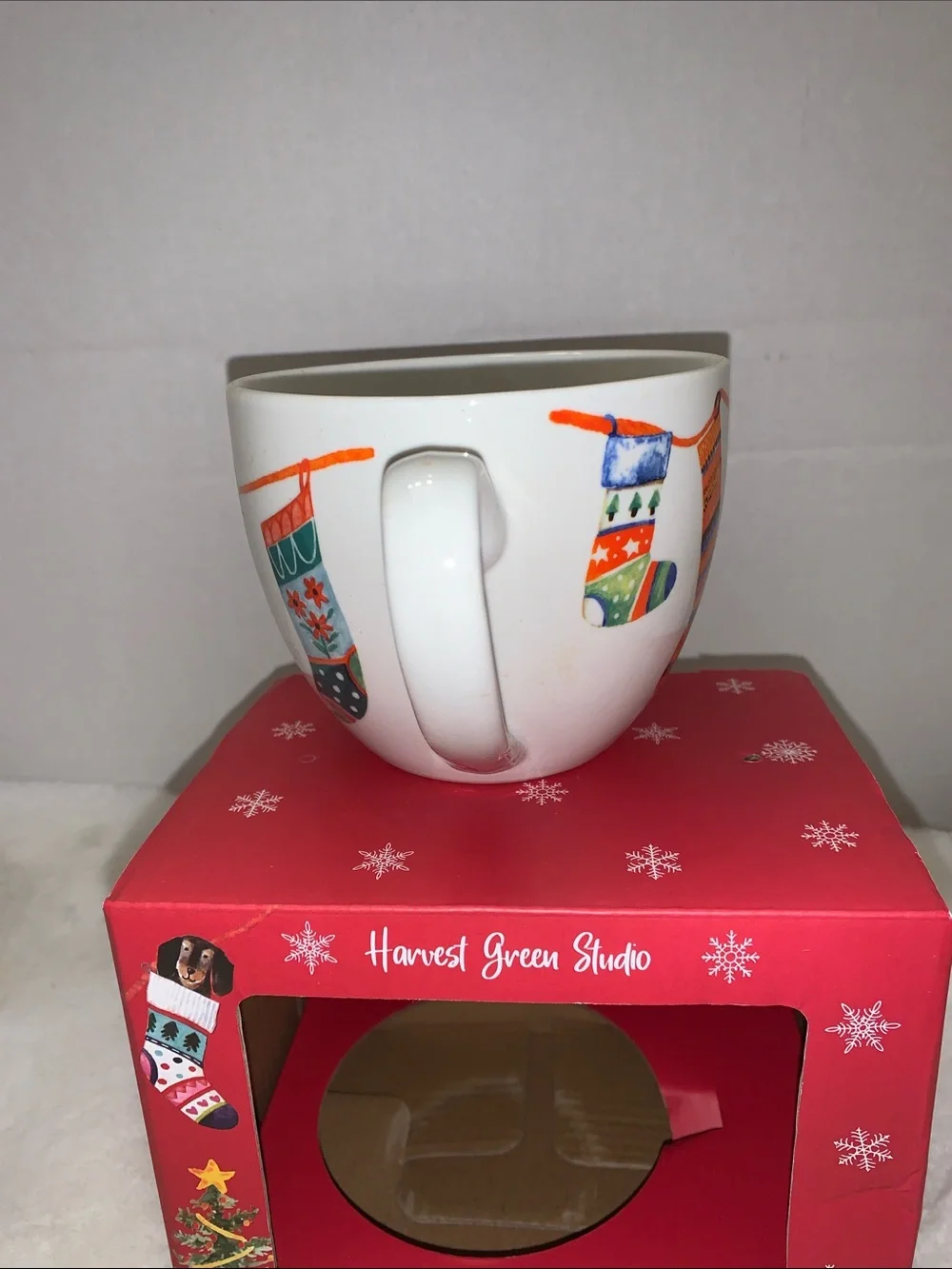 Christmas Stocking Dog Mug with Gold Spoon - White NIB